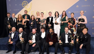 (L-R) Stephen Root, Dale Dickey, Jeff Hiller, Neil Casey, Kate O'Flynn, Kingston Rumi Southwick, Kevin Carroll, Matthew Rhys, Katie Dippold, Hiro Murai, and crew, winners of the Outstanding Comedy Series Award for 