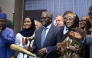 Aliko Dangote President and Chief Executive Officer of the Dangote Group hits the gong during the Dangote Refinery’s inital public offering at the Nigerian Exchange Group in Lagos NIgeria yesterday.