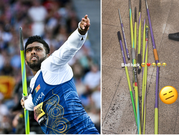 Rumesh Tharanga Pathirage in action (left) and photograph of his damaged javelins shared by the sports icon in his Instagram story. 