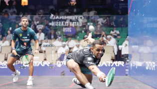 Mostafa Asal (right) and Aly Abou Eleinen in action during the quarter-final clash.