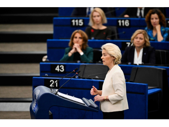 European Commission President Ursula von der Leyen delivers a speech during her annual State of the Union address at a plenary session of the European Parliament in Strasbourg, eastern France on September 16, 2026. (Photo by Jean-Christophe VERHAEGEN / AFP)
