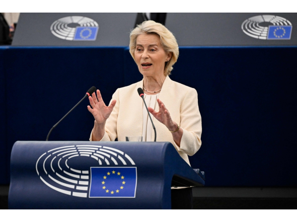 European Commission President Ursula von der Leyen gestures as she delivers a speech during her annual State of the Union address at a plenary session of the European Parliament in Strasbourg, eastern France on September 16, 2026. (Photo by Jean-Christophe VERHAEGEN / AFP)