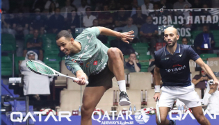 Mostafa Asal (left) in action against Marwan ElShorbagy. 
