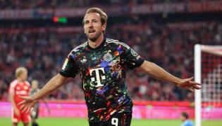 Bayern Munich's English forward #09 Harry Kane celebrates scoring his team's fourth goal during the German first division Bundesliga football match between FC Bayern Munich and Union Berlin in Munich, southern Germany on September 18, 2026. (Photo by Alexandra BEIER / AFP)