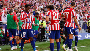 Atletico Madrid's Canadian forward #15 Jonathan David celebrates scoring his team's second goal during the Spanish league football match between Club Atletico de Madrid and Real Madrid CF at the Metropolitano stadium in Madrid on September 20, 2026. (Photo by Oscar DEL POZO / AFP)