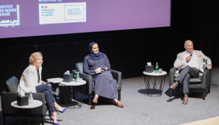 H E Sheikha Al Mayassa bint Hamad bin Khalifa Al Thani (centre) with President of the Institut du monde arabe (IMA) in Paris Anne-Claire Legendre (left) and Dr. Safwan Masri during the event yesterday.