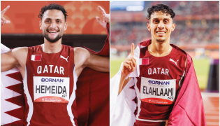 Qatar’s Bassem Hemeida celebrates after winning the gold medal. (AFP) (Right) Zakaria Ibrahim claimed bronze in the 3,000m steeplechase