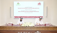 CEO of Thani Bin Abdullah Foundation for Humanitarian Services Dr. Ayed bin Dabsan Al-Qahtani and Vice President for Student Affairs at QU Dr. Mohammad Diab signing the agreement.
