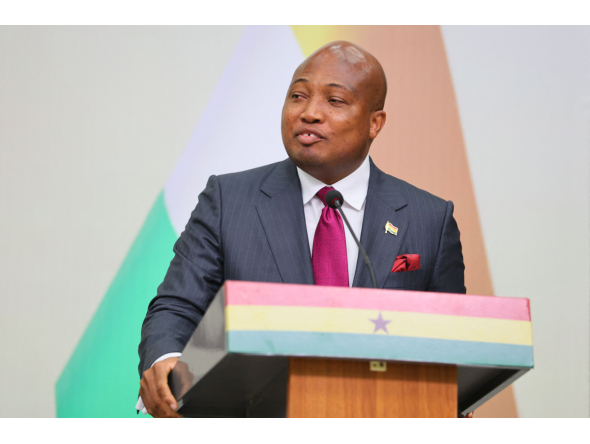 Ghana's Foreign Affairs Minister Samuel Okudzeto Ablakwa speaks to the media during the official visit of India's External Affairs Minister Subrahmanyam Jaishankar in Accra, on October 6, 2026. (Photo by Nipah Dennis / AFP)