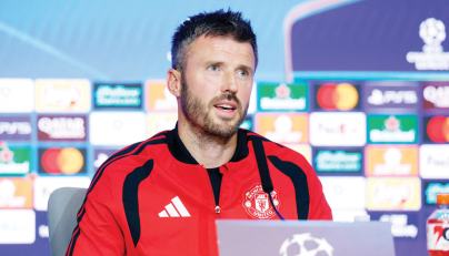 Manchester United coach Michael Carrick gives a press conference ahead of the match against Atletico Madrid.  