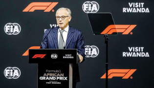 Italian motorsport executive President and CEO of the Formula One Group Stefano Domenicali delivers remarks during the announcement of the Formula 1 African Grand Prix at BK Arena in Kigali yesterday. 
