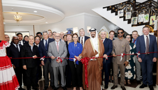 Head of Mission at the Embassy of Honduras H E Sophia Escobar Lanza (centre); and  AFCD Founder and Patron Farhan Al Sheikh Al Sayed with ambassadors and diplomats inaugurating the ninth edition of the Art, Fashion and Cultural Diplomacy exhibition, yesterday. Pic: Salim Matramkot/THE PENINSULA 
