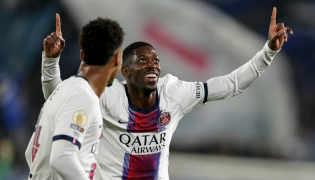 Paris Saint-Germain's French forward #10 Ousmane Dembele celebrates after scoring his team's second goal during the French L1 football match between RC Strasbourg Alsace and Paris Saint-Germain (PSG) at the Stade de la Meinau in Strasbourg, eastern France, on October 17, 2026. (Photo by ROMEO BOETZLE / AFP)