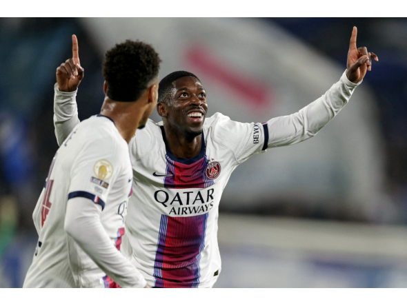 Paris Saint-Germain's French forward #10 Ousmane Dembele celebrates after scoring his team's second goal during the French L1 football match between RC Strasbourg Alsace and Paris Saint-Germain (PSG) at the Stade de la Meinau in Strasbourg, eastern France, on October 17, 2026. (Photo by ROMEO BOETZLE / AFP)