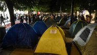 Students set up a symbolic encampment in the Agias Sofias square in Thessaloniki on October 20, 2026. (Photo by Sakis Mitrolidis / AFP)