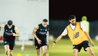 Al Sadd's Paulo Otavio Pedro Miguel and Hassan Al Haydos during a training session. 