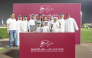 The connections of Weissmuller pose with the Sealine Cup, presented by Deputy Director of the QREC Registration and Studbook Department Saad Ali Al Kubaisi. BELOW: Szczepan Mazur steers Weissmuller to victory in the Sealine Cup. PICS: Juhaim/QREC