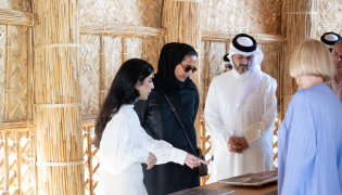 Chairperson of Qatar Museums H E Sheikha Al Mayassa bint Hamad bin Khalifa Al Thani during a tour of the exhibition.
