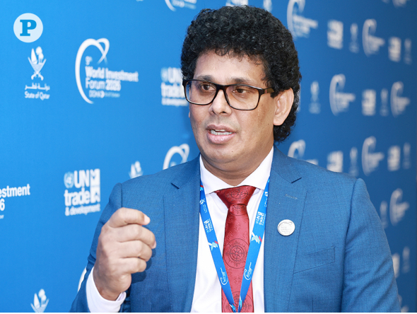 Minister of Trade, Commerce, Food Security and Cooperative Development of Sri Lanka, H E Wasantha Samarasinghe speaking to The Peninsula at WIF. Pic: Rajan Vadakkemuriyil / The Peninsula 