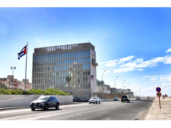  Vehicles run past the U.S. Embassy in Havana, Cuba, Oct. 23, 2026. Photo by Joaquin Hernandez/Xinhua