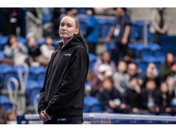 Kazakhstan's Elena Rybakina looks on as she speaks after retiring due to an injury from her quarter-final match against Canada's Leylah Fernandez during the WTA Pan Pacific Open tennis tournament at Ariake Coliseum in Tokyo on October 30, 2026. Photo by Yuichi YAMAZAKI / AFP