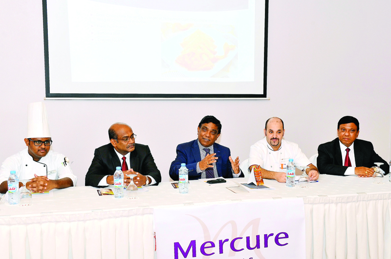 FROM LEFT: Chef Darsha Fernando; Food and Beverage Manager Thomas Philip; Acting General Manager Kumudu Fonseka; Executive Chef Lahcen Bimadarne; Director, Sales and Marketing, Gabriel Fernandes, during the press conference yesterday. Pic: Kammutty VP / T