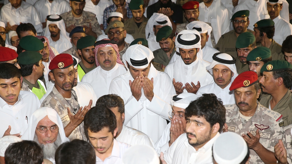 Emir H H Sheikh Tamim bin Hamad Al Thani performing the funeral prayers for Lance Corporal Mohammad Awadh Salem and the troopers Mohammad Dawood Khayyal and Mohammad Nasser Mohammad, who were martyred while carrying out their duty in Yemen, at the Mosque 