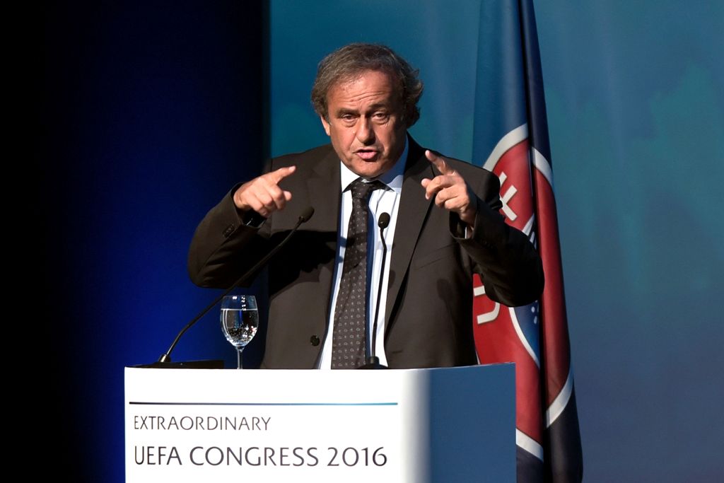 Former UEFA President Michel Platini speaks during the opening of the 12th Extraordinary UEFA congress in Lagonissi, some 40 kilometers south of Athens, on September 14, 2016.   AFP / ARIS MESSINIS