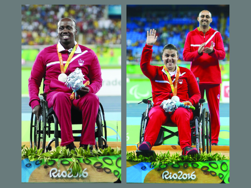 Qatar’s Abdelrahman Abdelqader  winner of Qatar’s first ever Paralympic medal on the Rio podium. Abdelqader won the  F34 shot put final on September 11 in the Olympic Stadium in Rio de Janeiro. RIGHT:  Qatar’s Sara Masoud celebrates her win in the F33 sho
