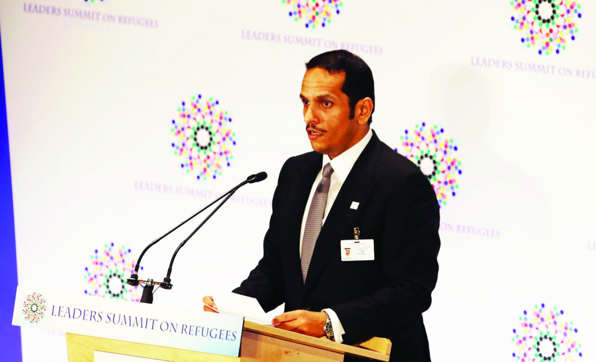 Foreign Minister H E Sheikh Mohamed bin Abdulrahman Al Thani addressing a summit on refugees, in New York. 
