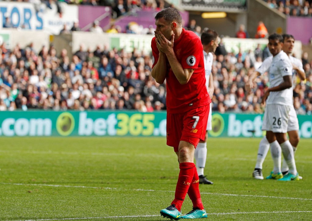 Liverpool's James Milner looks dejected after a missed chance. Reuters / John Sibley