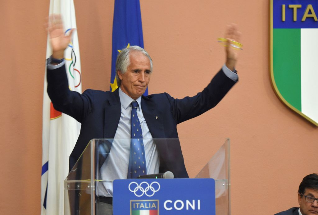 The president of the Italian Olympic Committee (CONI), Giovanni Malago gestures during a press conference on October 11, 2016 in Rome.