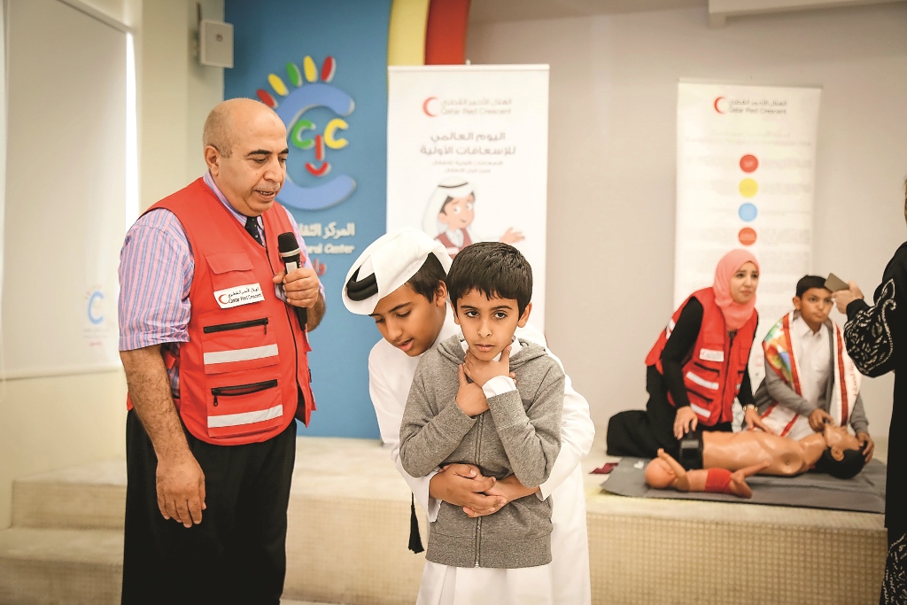 Children being educated about first aid at a session organised by Qatar Red Crescent Society (QRCS) at Katara’s Childhood Cultural Center.