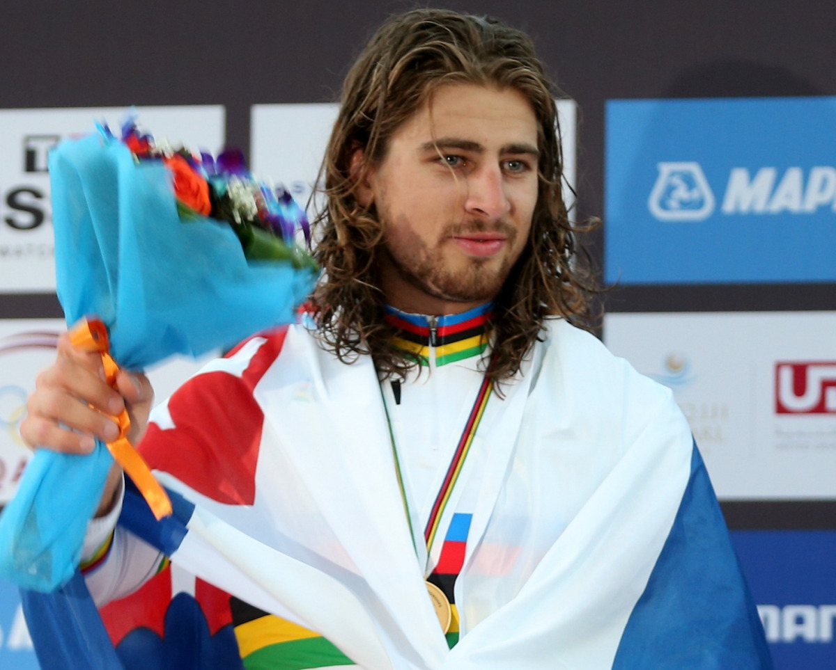 Slovakian Cyclist Peter Sagan poses with the gold medal after winning the men’s elite road race event of the UCI Road World Championships Doha 2016 on Sunday.