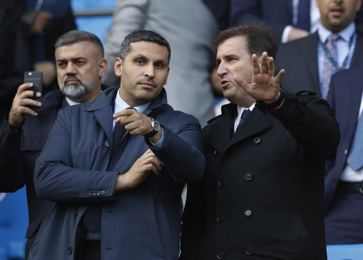 Manchester City chairman Khaldoon Al Mubarak (L) and Chief Executive Ferran Soriano in the stands before a game. (Reuters / Phil Noble)