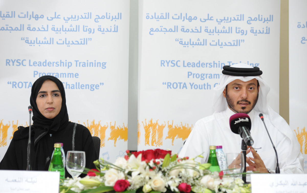 Nayla Al Nama, Senior Environmental Analyst, ExxonMobil, and Abdullah Al Bakri, Community Development Manager, ROTA, announcing the ROTA ExxonMobil 2016 Leadership Training Programme, held at the Education City yesterday. Pic: Salim Matramkot / The Penin