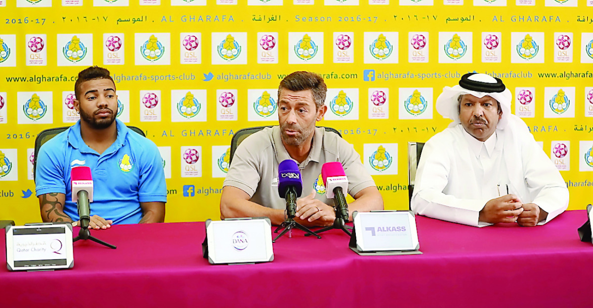 Al Gharafa’s coach Pedro Caixinha (centre) speaking at a press conference ahead of his team’s match against Al Shahaniya in Doha