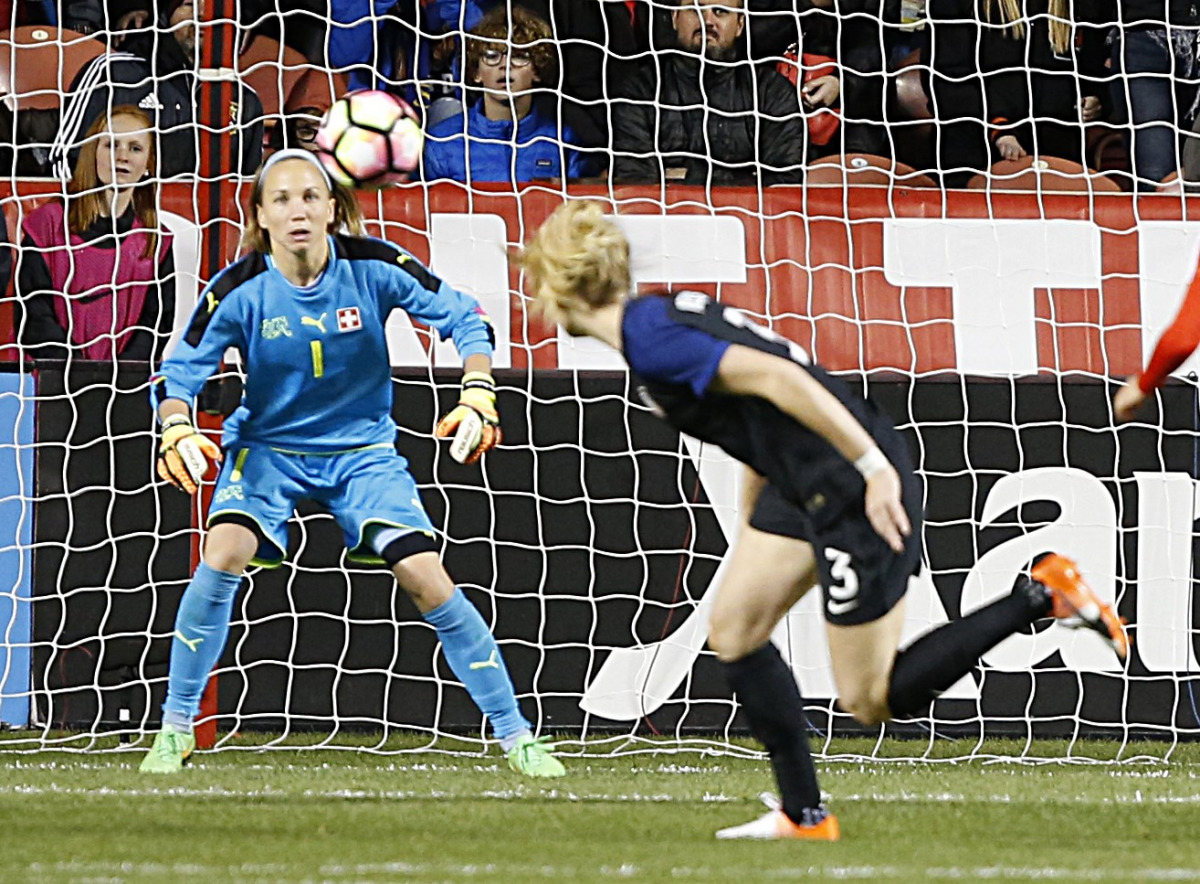 Samantha Lewis #3 of the United States scores a goal on goalie Gaelle Thalmann #1 of Switzerland during an international friendly match at Rio Tinto Stadium on October 19, 2016 in Sandy, Utah. The United Staes defeated Switzerland 4-0. (George Frey/Getty 