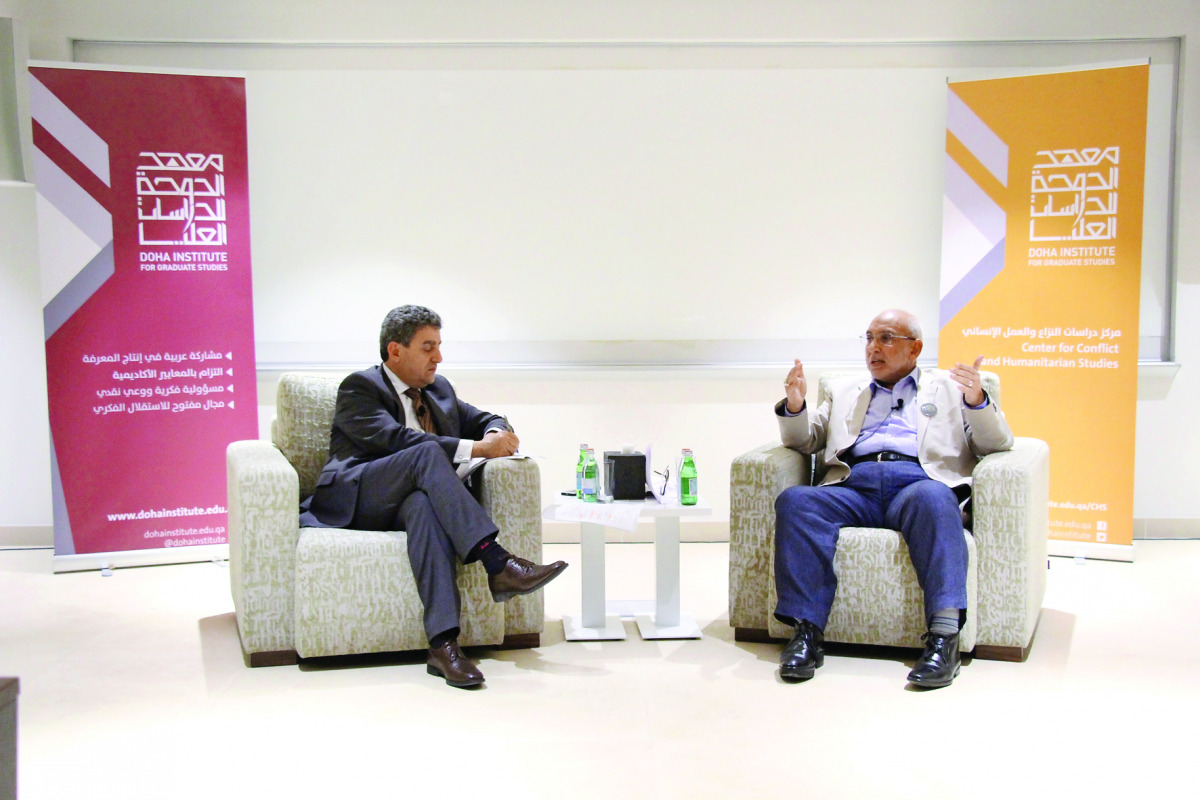 Dr Sultan Barakat, Director of Centre for Conflict and Humanitarian Studies (CHS) at the Doha Institute for Graduate Studies and Dr Hany El Banna, Founder of Islamic Relief and Founder and President of the Humanitarian Forum, during an interaction in Doha