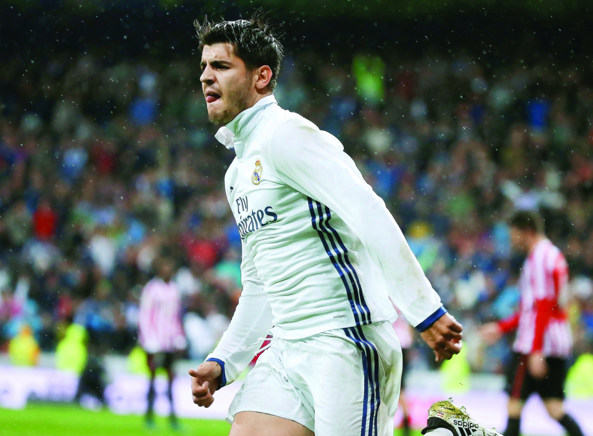 Real Madrid’s Alvaro Morata celebrates his goal against Athletic Bilbao during their match in La Liga at Santiago Bernabeu, in Madrid, Spain on Sunday. 