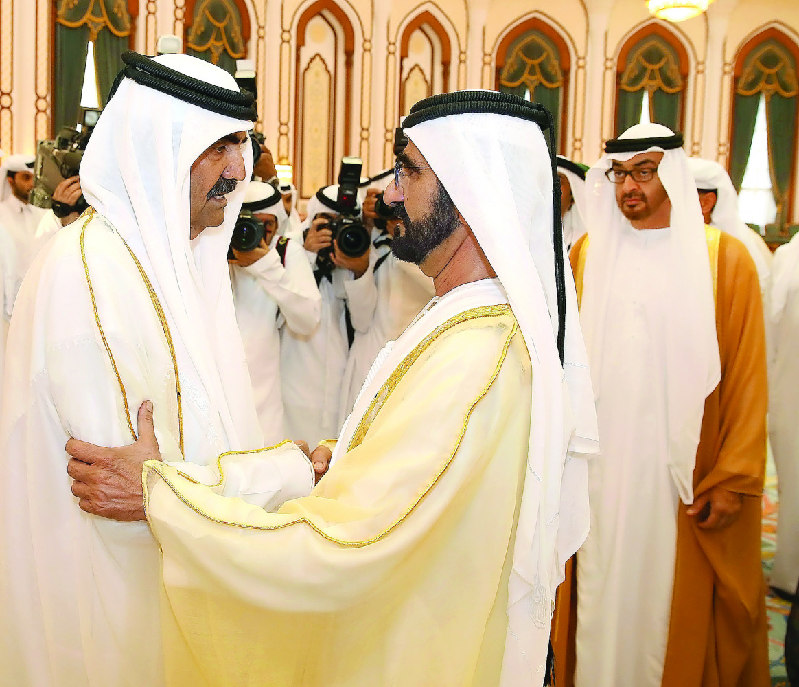 Father Emir H H Sheikh Hamad bin Khalifa Al Thani receives UAE Vice-President, Prime Minister and Ruler of Dubai Sheikh Mohammed bin Rashid Al Maktoum, and Crown Prince of Abu Dhabi and Deputy Supreme Commander of the UAE Armed Forces, Sheikh Mohamed bin 