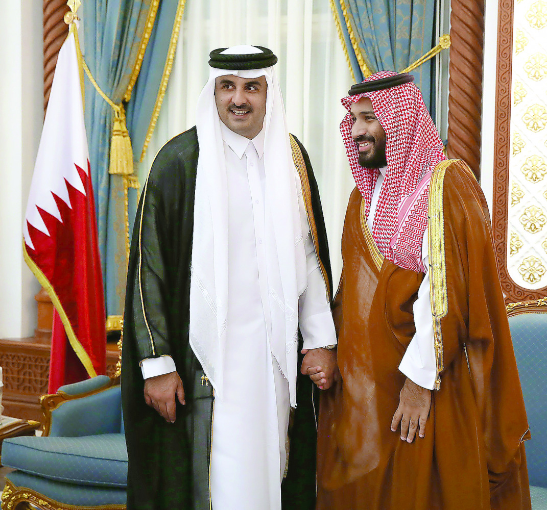 Emir H H Sheikh Tamim bin Hamad Al Thani with Saudi Deputy Crown Prince, Second Deputy Premier and Minister of Defence, Mohammed bin Salman bin Abdulaziz Al Saud, at Al Wajba Palace. 