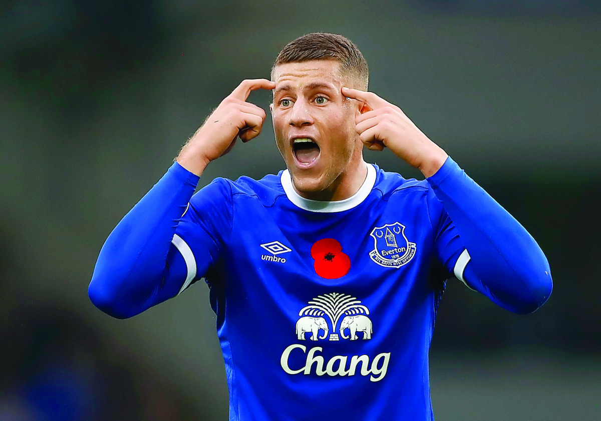 Everton midfielder Ross Barkley celebrates after scoring a goal against West Ham United during the English Premier League match at Goodison Park in Liverpool, northwest England, yesterday.