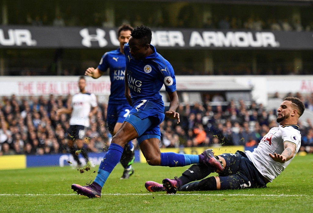 Leicester City's Ahmed Musa scores their first goal. Reuters / Dylan Martinez