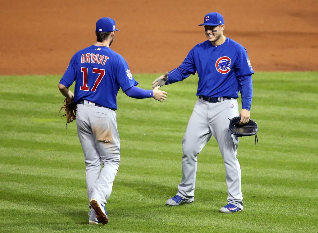 Chicago Cubs players Kris Bryant (17) and Anthony Rizzo (44) celebrate after game six of the 2016 World Series against the Cleveland Indians at Progressive Field. Charles LeClaire/USA TODAY Sports