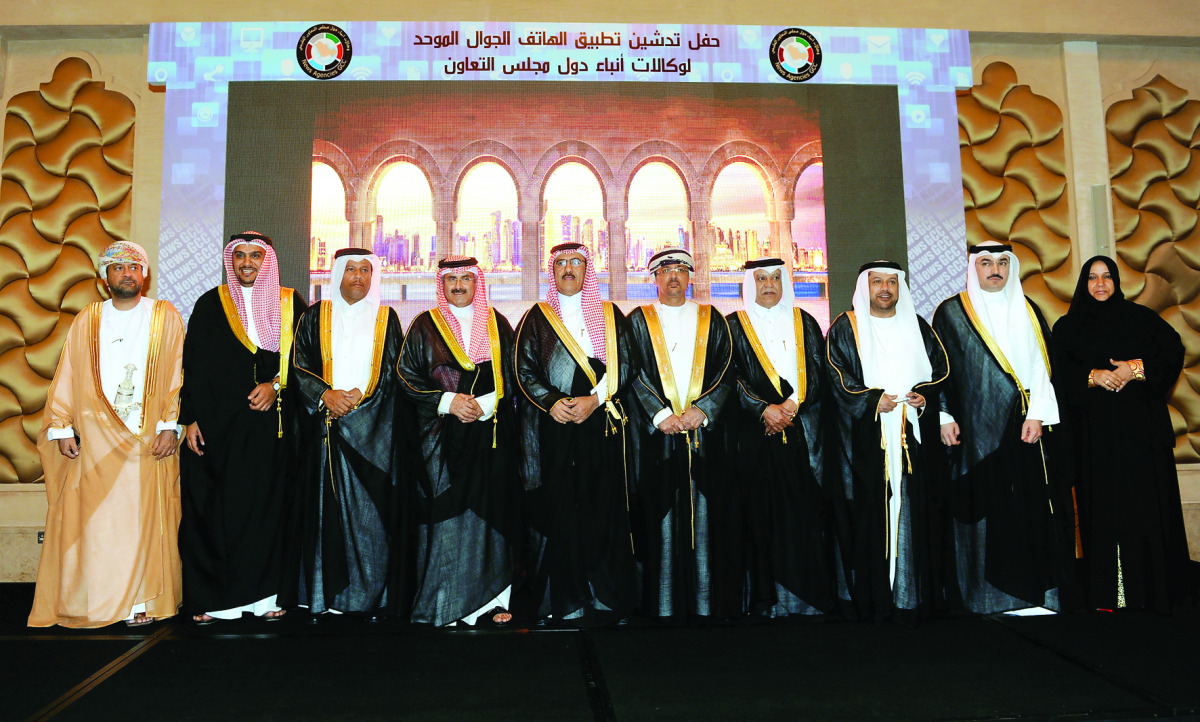 Heads of GCC news agencies at the launch of a unified mobile application for GCC news at the Sharq Village and Spa in Doha yesterday. Pic: Salim Matramkot/The Peninsula