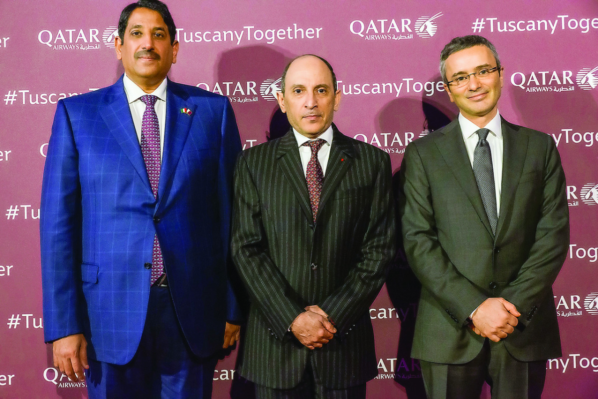 Qatar Airways Group Chief Executive Akbar Al Baker (centre) with Abdul Aziz bin Ahmed Al Malki, Qatar’s Ambassador to Italy, and Marco Rigotti, Chairman of Meridiana Fly, at the event.