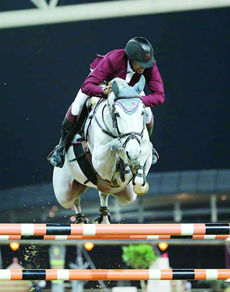 Qatari rider Bassem Hassan Mohammed, astride Argelith Squid, in action during the CSI5 1.45m event at Al Shaqab Arena on Friday. A two-horse race saw home hero Bassem miss out by just tenths of a second behind Ireland's Cian O’Conner who won the event.
