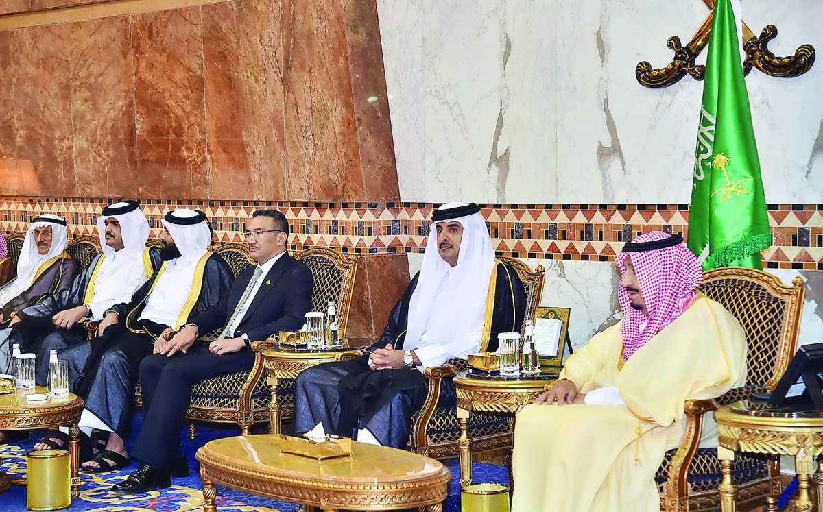 Emir H H Sheikh Tamim bin Hamad Al Thani with the Custodian of the Two Holy Mosques King Salman bin Abdulaziz Al Saud in Riyadh