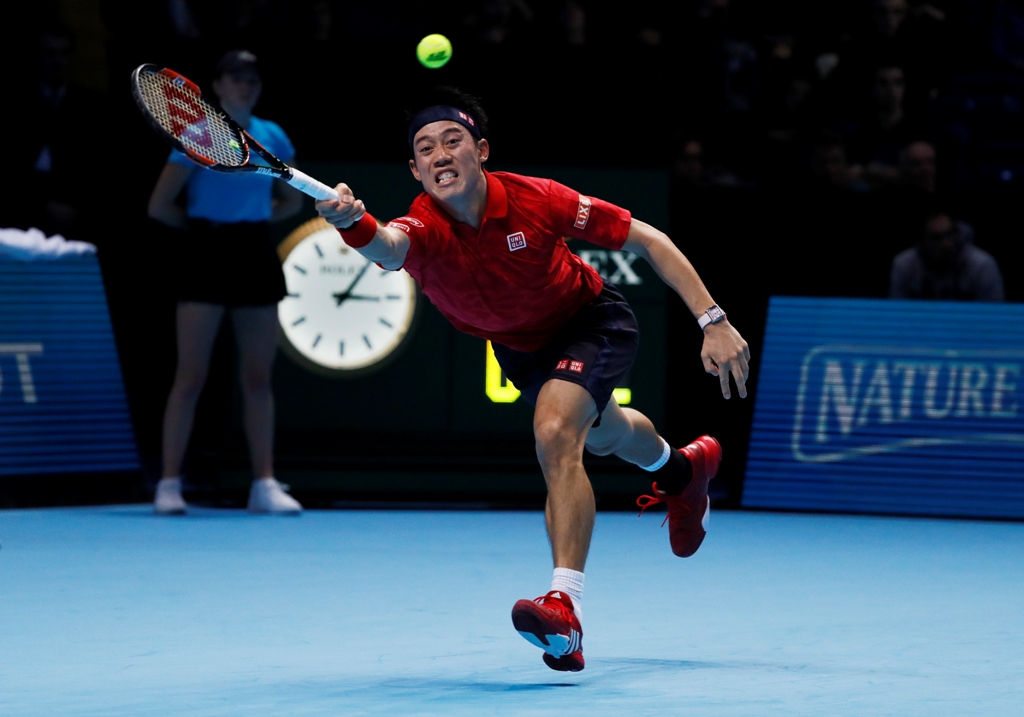 Japan's Kei Nishikori in action during his round robin match against Switzerland's Stanislas Wawrinka Reuters / Stefan Wermuth Livepic 